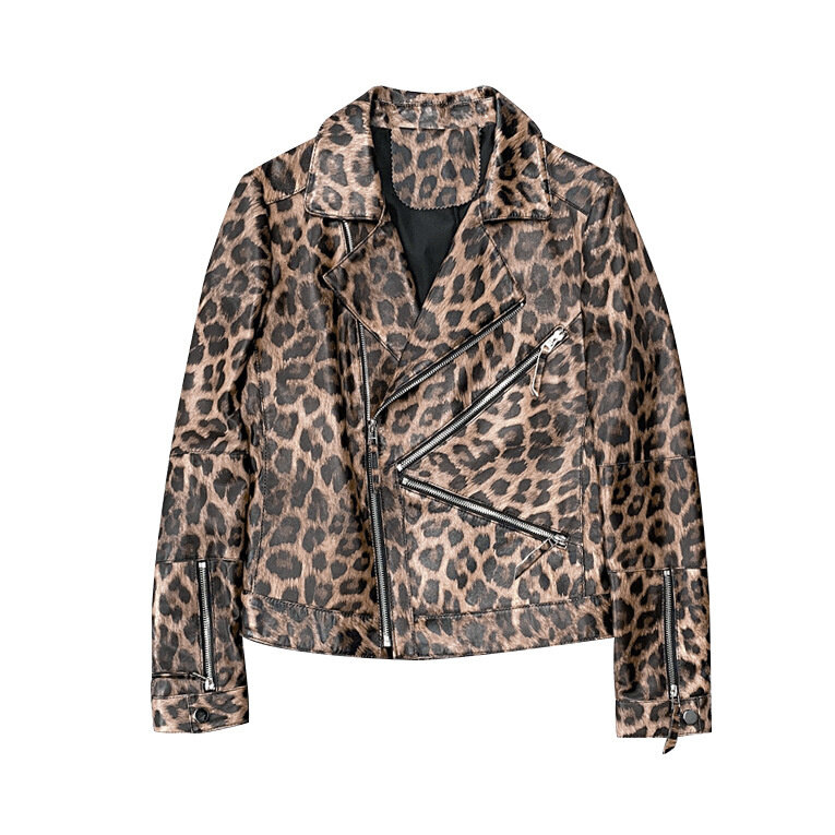 Leather leather coat  autumn and winter new design feeling locomotive leopard print diagonal zipper short sheepskin top coat