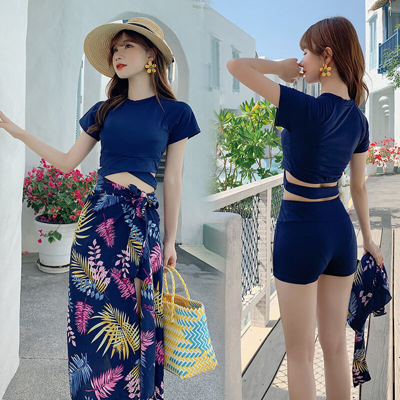 3Pcs Summer Set Swimsuit Women Sexy Print High Waist Shorts Sunscreen Shawl Shorts Top Suit with Cover Up Colorful Swimming Suit