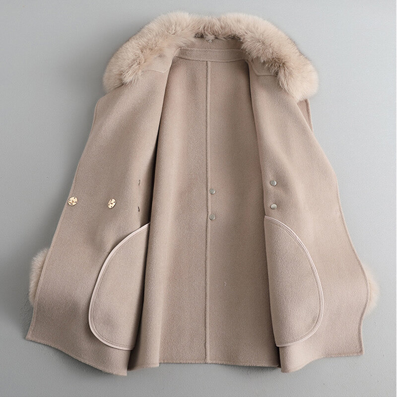 Abrigo de lana con cuello de piel desmontable para mujer, chaqueta cálida de lana de zorro Real, Color sólido, informal, a la moda
