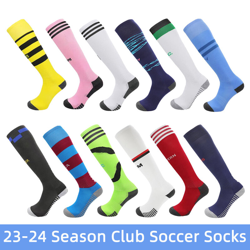Calcetines de fútbol para niños y adultos, medias largas hasta la rodilla, Fondo de toalla, estilo europeo, temporada 23 A 24