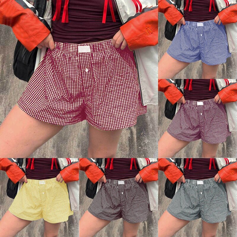 Women Y2K Plaid Pajamas Shorts Elastic Waist Wide Leg Gingham Boxer Lounge Shorts Checked Pj Bottom Going Out Shorts