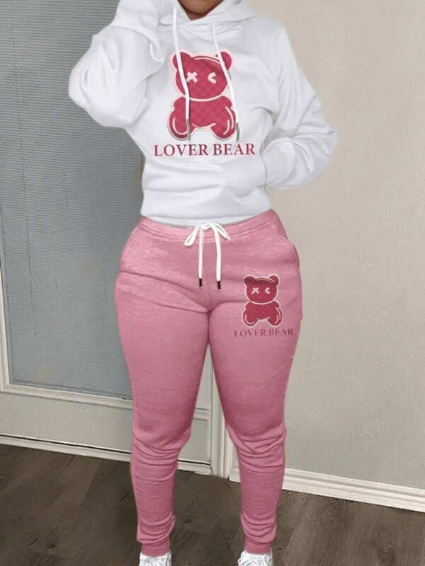 Lovely Bear Letter Print Kangaroo Pocket Tracksuit Set Long Sleeve Hoodie+Drawstring Trousers Women Two Pieces Matching Suits