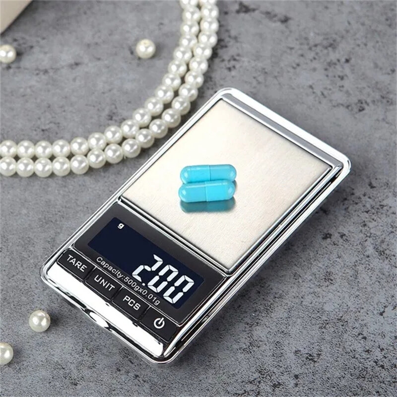مقياس رقمي صغير عالي الدقة ، إضاءة خلفية LCD ، مقياس جيب كهربائي للمجوهرات ، وزن غرام للمطبخ ، 0.01g ، 100g ، 200g ، 500g ، g