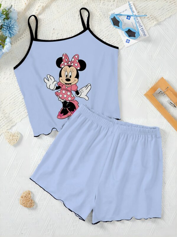Disney-conjuntos curtos de Minnie Mouse feminino, top, aparar t-shirt, Mickey, Mickey, top, saia de pijama, vestido deslizante, terno feminino elegante, 2 peças