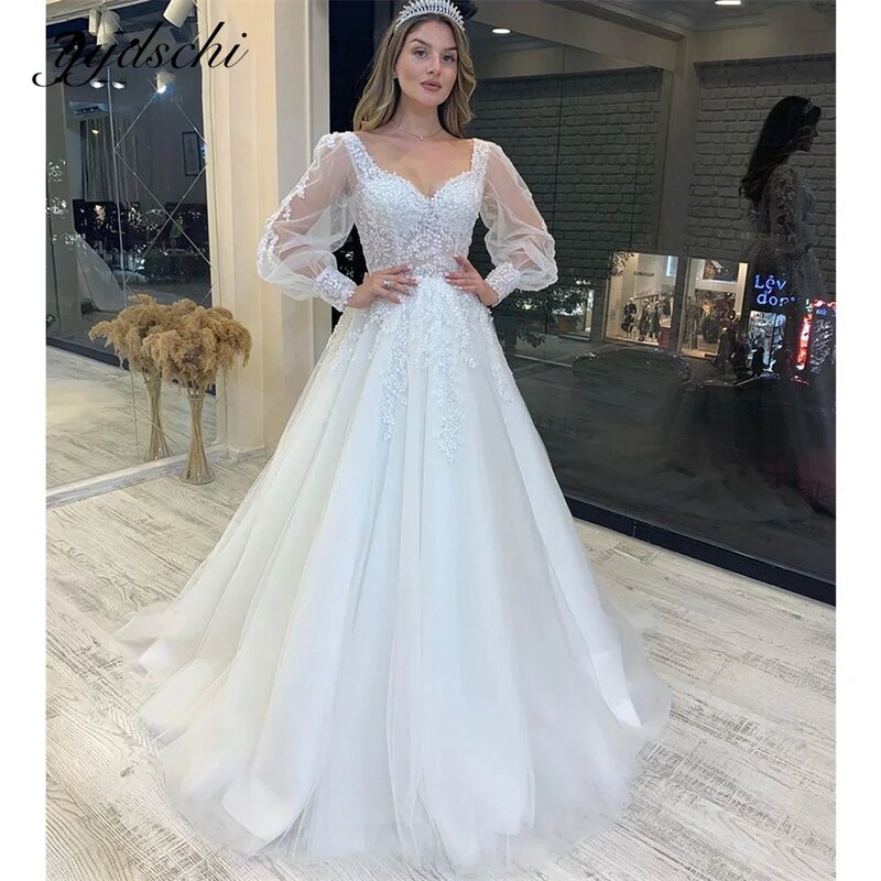 Elegante Tulle Appliques pizzo scollo a v maniche lunghe 2024 abiti da sposa per donna Sweep Train abito da sera Vestidos De Noiva