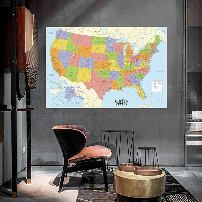 120*80cm USA Map Detailed Non-woven Canvas Painting Wall Art Poster Decorative Prints Living Room Home Decor School Supplies