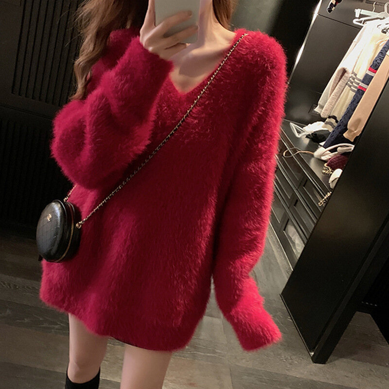 Women's Faux Mink Velvet Sweater Pullover Season New V-neck Long Sleeve Loose and Lazy Style Outer Wear Fashion Knitwear