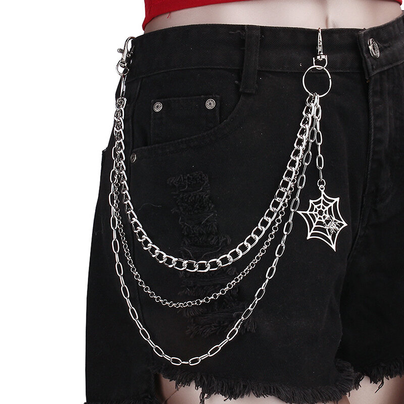 Corrente de calças punk metal para homens e mulheres, corrente de cintura hip hop, pingente de teia aranha, acessórios jeans, presentes
