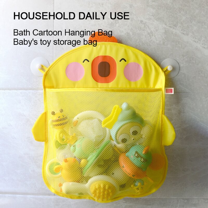 Mainan mandi bayi, tas penyimpanan jaring jala bebek kartun lucu, tas permainan mandi cangkir hisap kuat, mainan air anak-anak kamar mandi