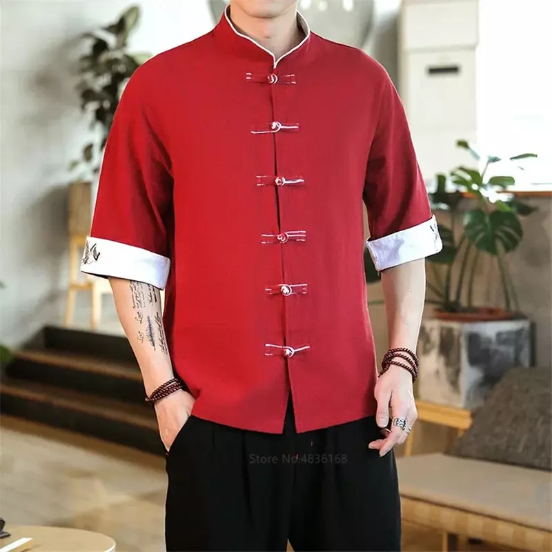 Roupa tradicional chinesa masculina bordado de guindaste, meia manga vintage, camisas de linho, colarinho artesanal, kungfu hanfu, verão