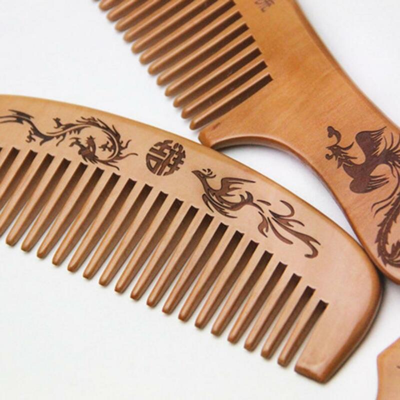 Dragon Phoenix Engraved Peach Wood Healthy Massage Anti-Static Hair Care Comb Flower Painted Anti-Static Natural Head Massage