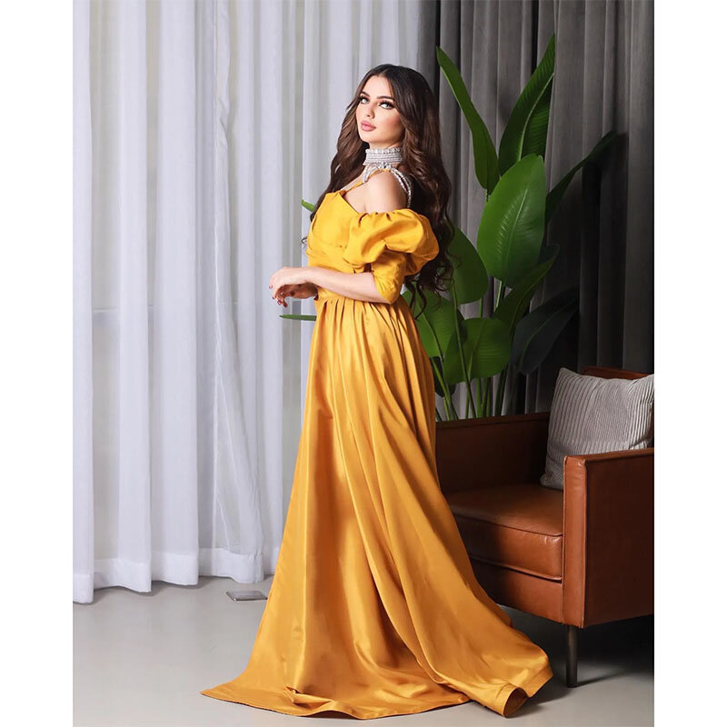 Elegant Long Yellow Evening Dresses Spaghetti Straps Satin Short Sleeves Mermaid Ankle-Length Formal Occasion Dress 2024