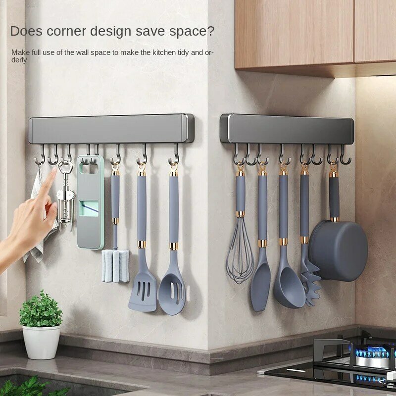 Estante de almacenamiento de cocina sin perforaciones, organizador montado en la pared con gancho móvil, soporte para cuchara, accesorios para utensilios de cocina
