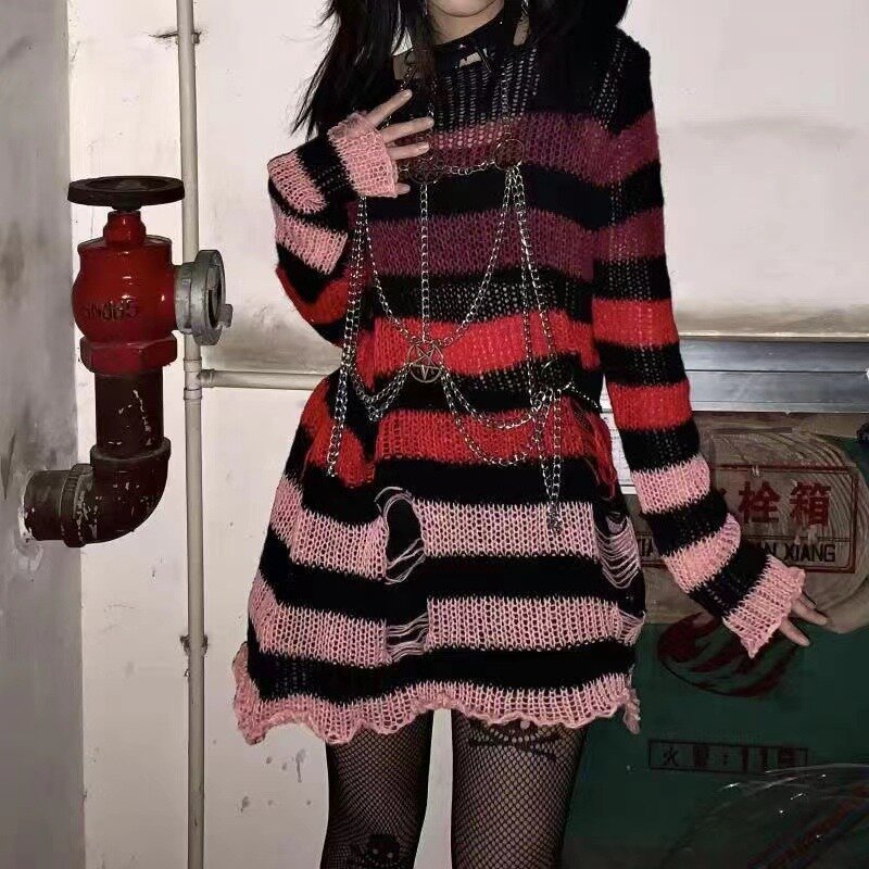 여성용 펑크 고딕 그라데이션 스웨터, 긴 유니섹스 줄무늬, 멋진 할로우 아웃 구멍, 느슨한 바위, 얇은 스트리트웨어, 고스, 여름