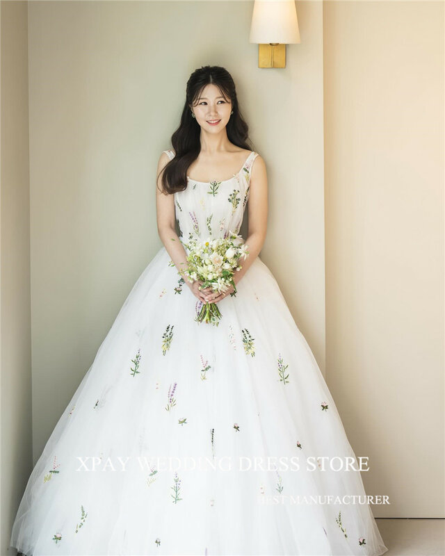 XPAY-فساتين زفاف كورية على شكل حرف A ، أكمام طويلة منتفخة قابلة للانفصال ، التقاط الصور ، فساتين زفاف ، فستان العروس من الخلف مشد