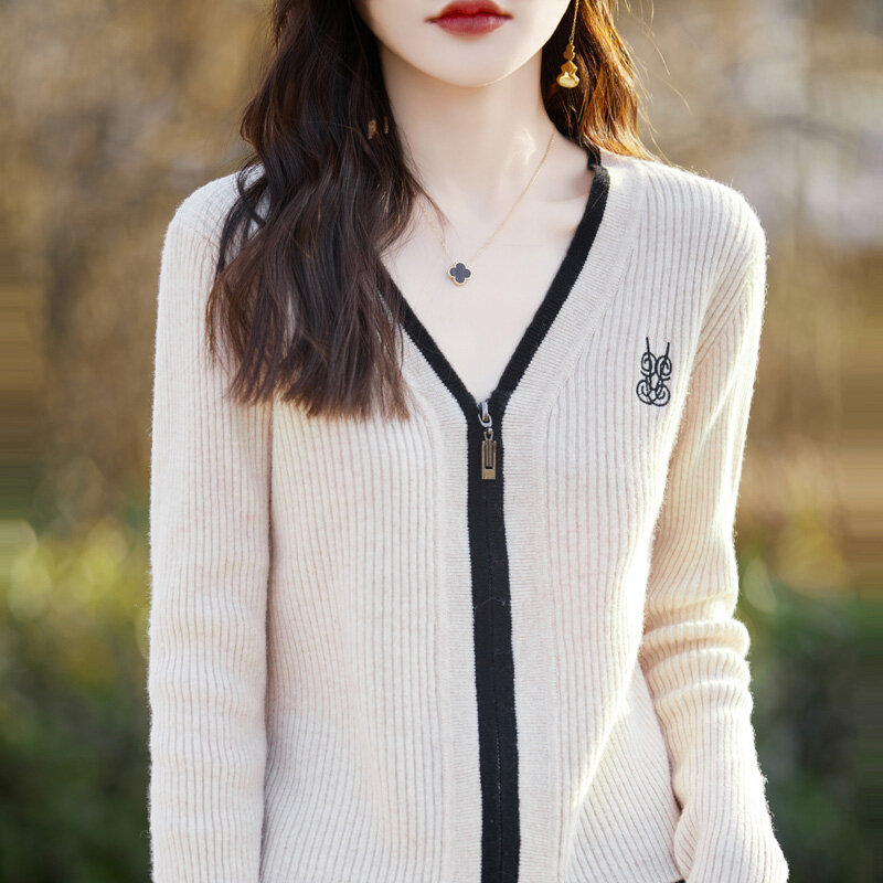 Женский свитер с V-образным вырезом, кардиган из 100% шерсти и кашемира, вязаное пальто на молнии, свободный короткий топ, весна-осень, вышивка, Длина XL, 50 см