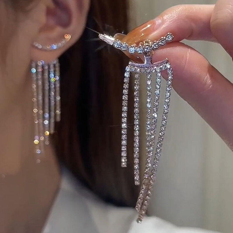 S925 anting-anting panjang rumbai temperamen jarum perak penuh berlian imitasi untuk pengantin aksesoris pernikahan desain modis trendi