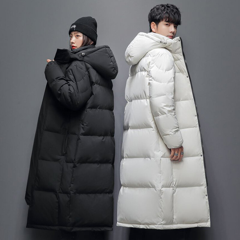 Korean Version Men Down Jacket Over The Knee Thicken Long Duck Coat Couples Hooded Warm Winter Lovers' Clothes Women