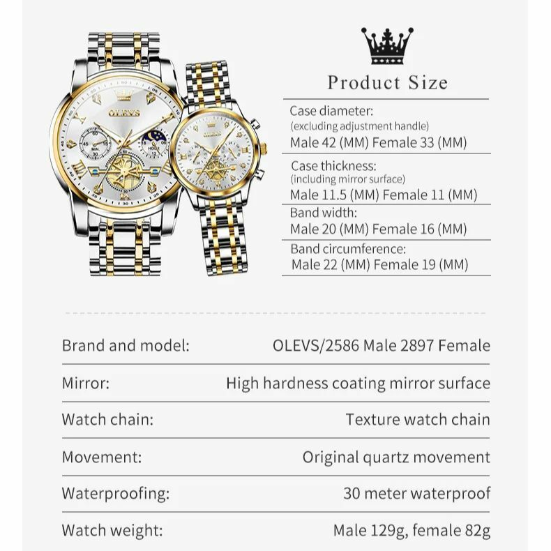 OLEVS jam tangan pasangan, jam tangan kuarsa trendi asli untuk pria dan wanita, jam tangan modis tahan air Fase Bulan