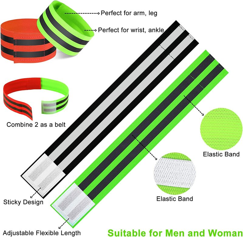Warning Reflective Bands Elastic Armband Wristband Reflector Tape Ankle Leg Safety Straps for Night Cycling Running Fishing 2Pcs