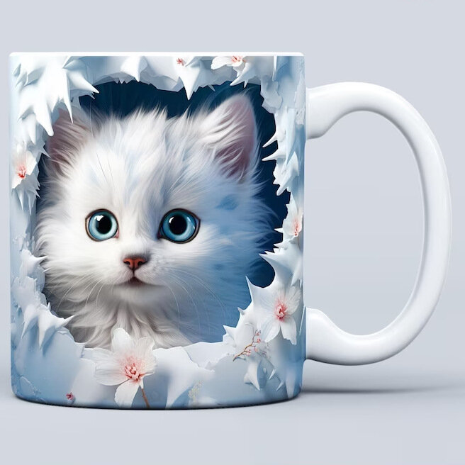 Kubek 3D Cute Kitten dla dziewczynek do napojów Śniadanie Kawa Mleko Kubek Ceramiczny Chubby Uchwyt Prezent Świąteczny