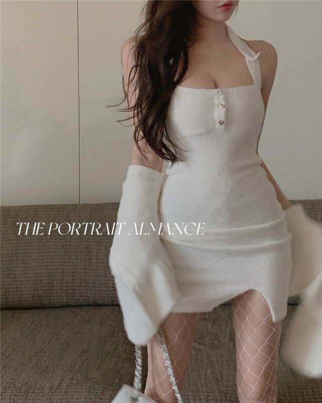 Mini vestido con abrigo de piel sintética para mujer, conjunto de dos piezas, moda coreana, Sexy, Otoño e Invierno