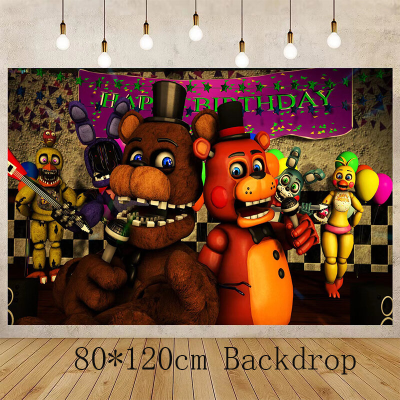 FNAF Five Nights Freddy Birthday Party Decoration Midnight Bear foil Balloons Latex Balloon Backdrop Banner Cake Topper