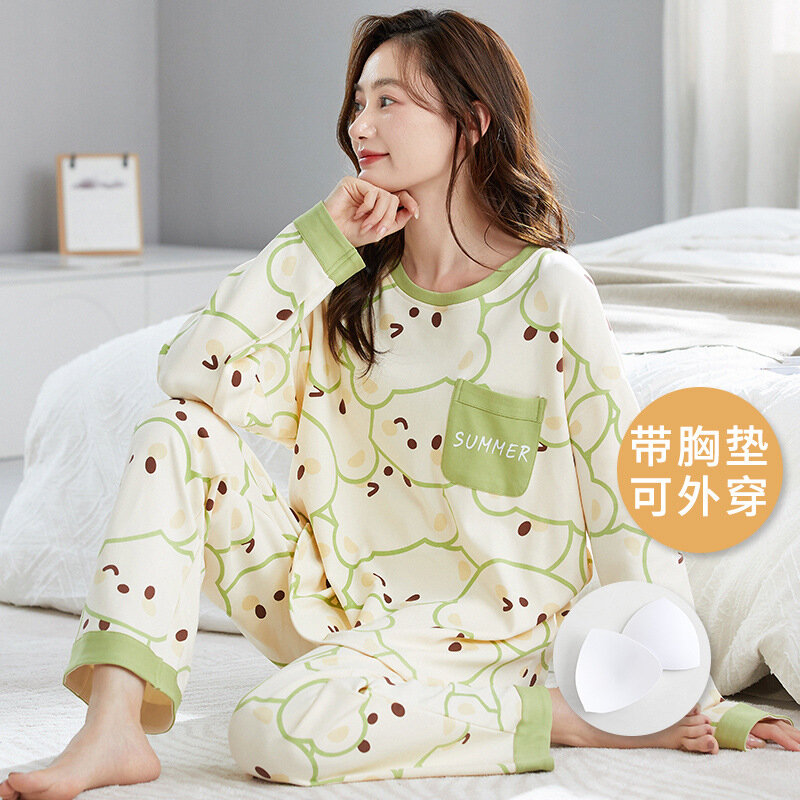 2 Pieces Set Women's Cotton Pajamas Set Spring Sleeping Top with Bras Padded Long Pant Homewear Youth Girl Sleepwear pijama