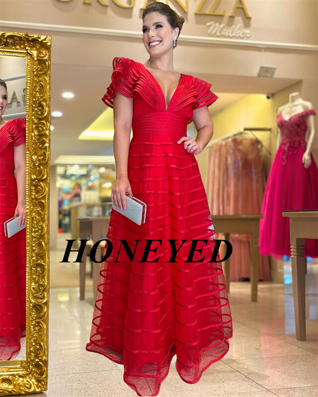 HONEED-A linha de mangas curtas até o chão vestido de baile para mulheres, vestidos de noite para mãe da noiva, convidado simples do casamento, 2024