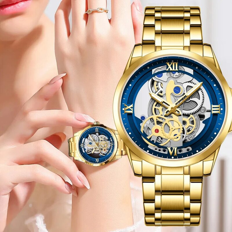 LIGE-relojes creativos de acero para mujer, pulsera femenina, resistente al agua, color dorado
