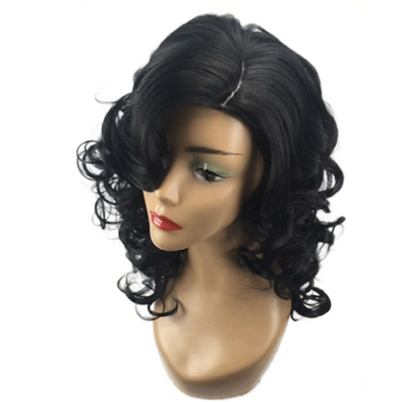Cabelo curto encaracolado com franja oblíqua para mulheres, fibra química sintética, peruca de seda para alta temperatura, cobertura de cabeça preta, bege