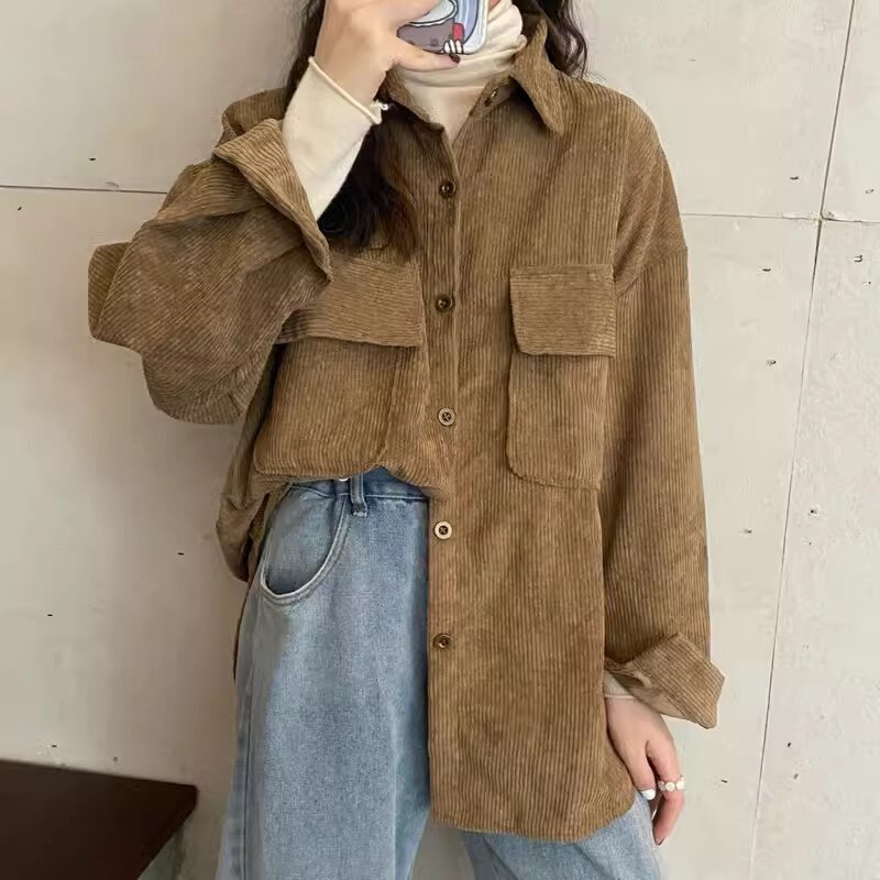 Corduroy Shirt Jacket For Women With a Sense of Design Niche Stacked Long Sleeved Top Shirt for Spring 2024 Women's Commuting S8