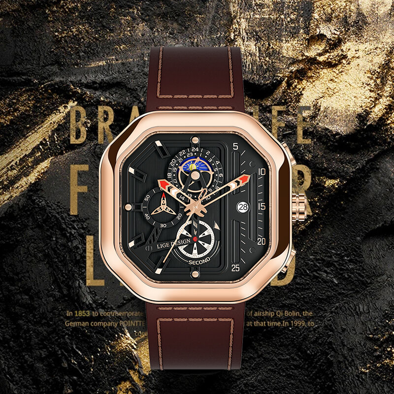 LIGE-Montre-bracelet à quartz en cuir pour homme, montres de sport décontractées, horloge militaire de luxe, chronographe à la mode, date, 2023