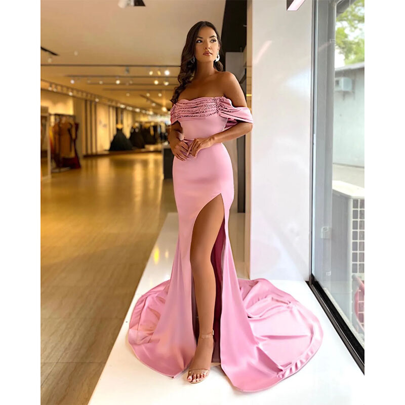 Gaun Prom putri duyung merah muda seksi gaun malam bahu terbuka payet lipat gaun belahan paha elegan untuk acara khusus