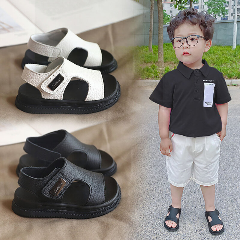 Summer Beach Sandals For Boys Korean Style 2024 Fashion Children Footwear PU Leather Anti-slippery Soft-soled Kid's Shoes