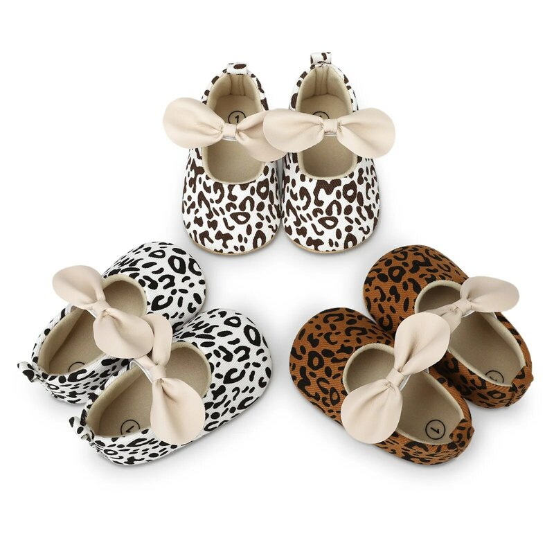 Bowknot Mary Jane Flats antiderrapantes para bebês, Princess Dress Shoes, Leopard Crib Shoes para bebês