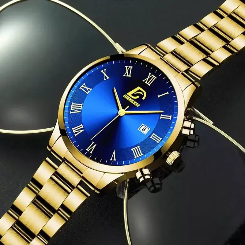 Relógio de quartzo militar masculino, Aço inoxidável, Ouro, Preto, Calendário, Data, Relógio Masculino, Luxo