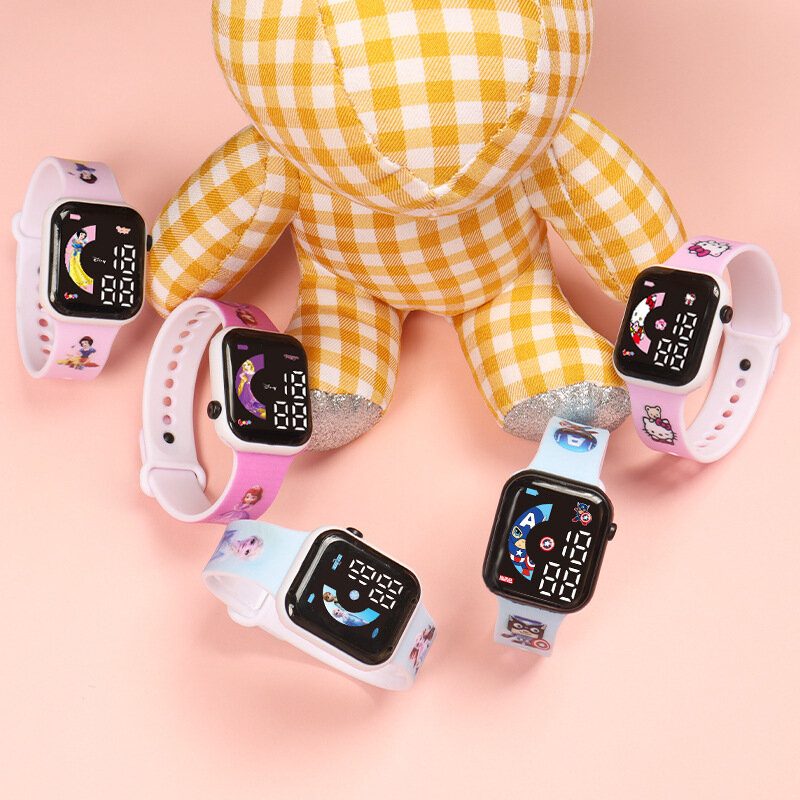 Reloj electrónico de Frozen para niños y niñas, pulsera con estampado de dibujos animados, botón de correa, LED, cuadrado, resistente al agua, regalos de cumpleaños, Elsa, Mickey y Minnie