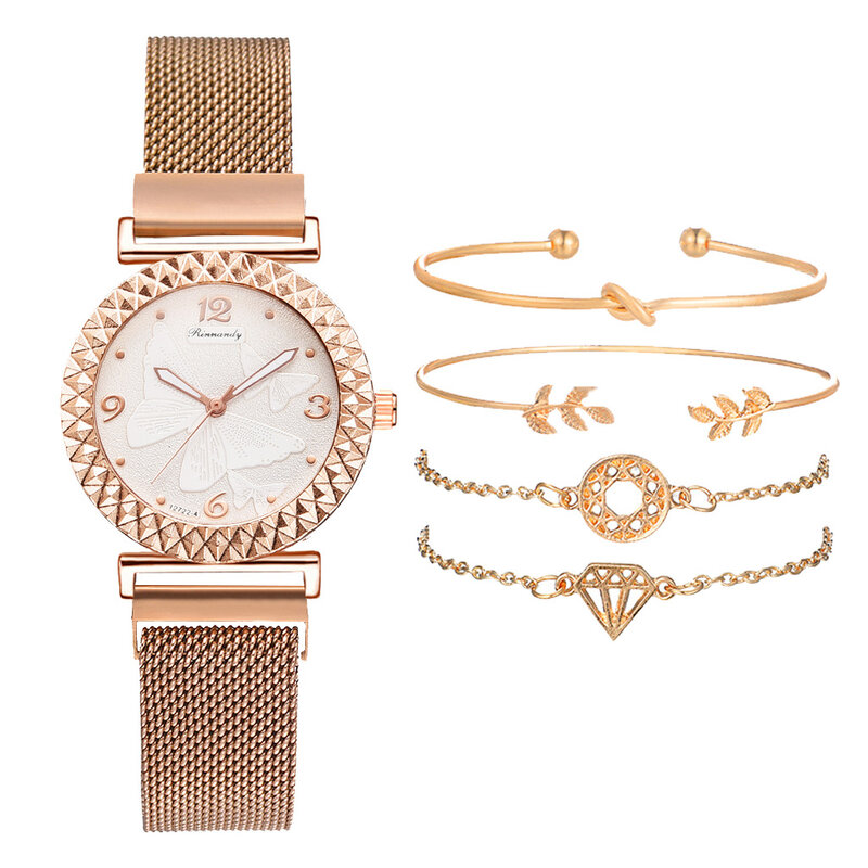 Conjunto de 5 relojes de piezas para Mujer, de lujo, de oro rosa, de cuarzo, informales, a la moda, joyería