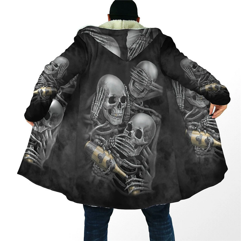 Winter Fleece Coat Jackets Outerwear Sweatshirts Zip Up Hoodies Bones Skull Graphics Parka Overcoat Daily Y2k Clothing