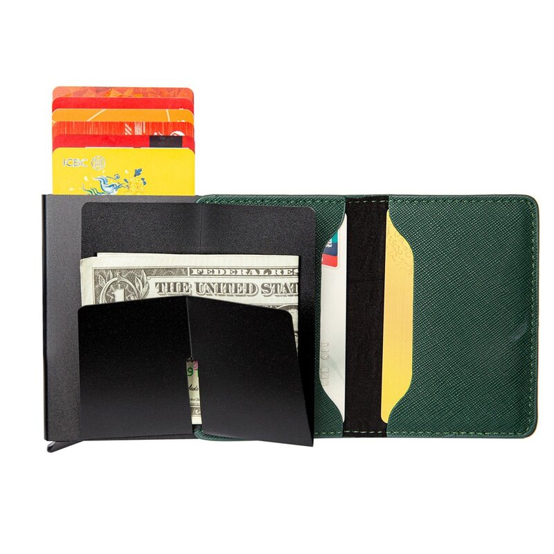 Mini carteira de couro anti-roubo para homens, bolsa pop-up durável, caixa de alumínio de grande capacidade, portátil