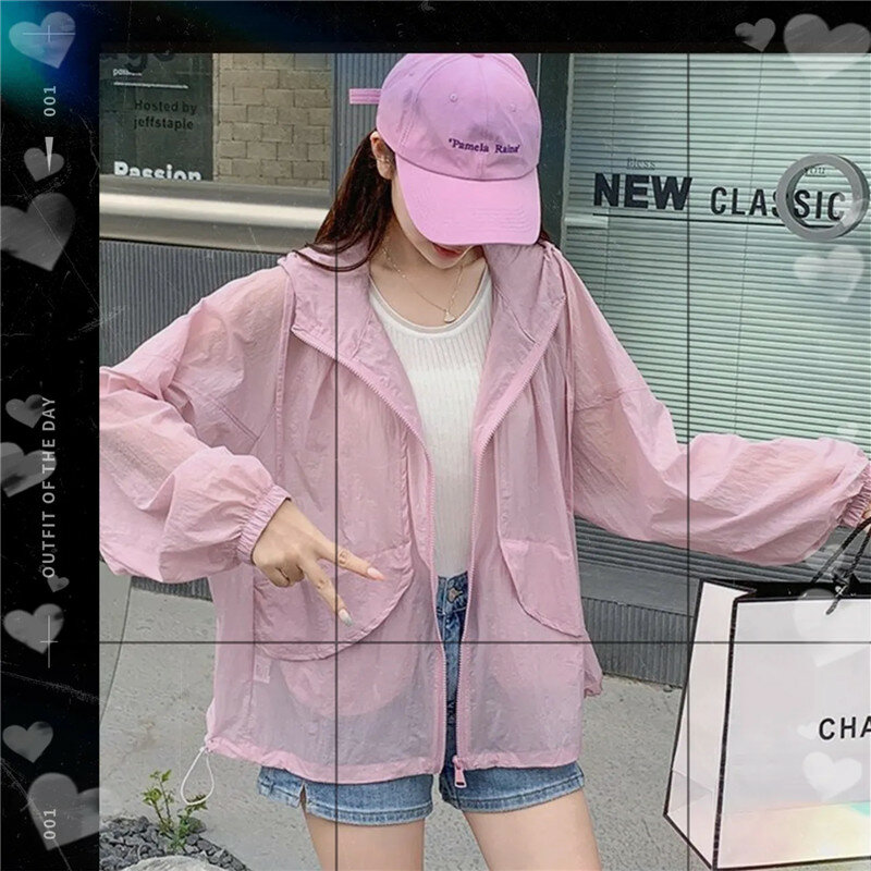 2024 New Summer Hooded Sunscreen Clothes Ice Silk Thin Women Zipper Long Sleeve Jacket Female Loose Breathable Outerwear B295