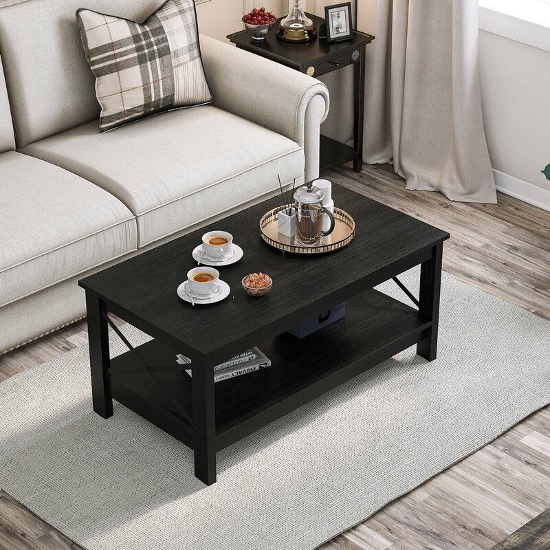 US  Farmhouse Coffee Table with Storage Shelf Rectangular Center Table Living Room