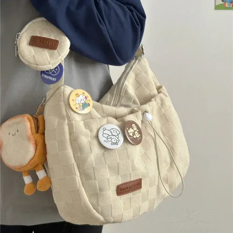 Tas selempang gaya Harajuku baru, tas selempang warna polos motif kotak-kotak, tas bahu kapasitas besar, tas tangan desainer mode lucu baru