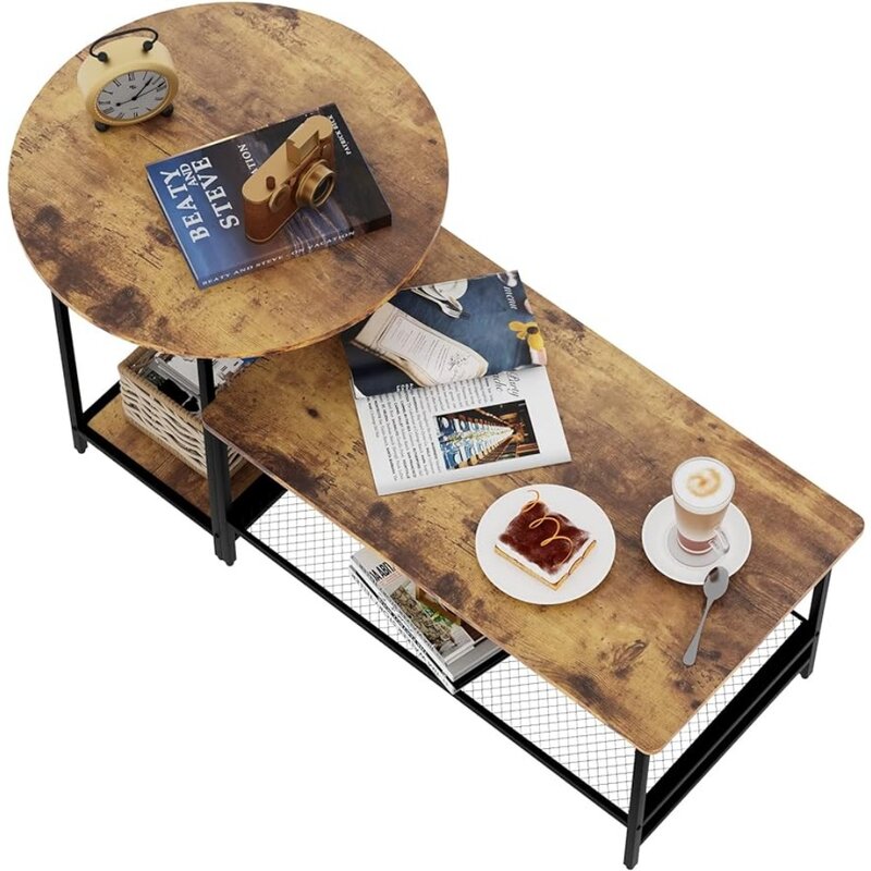 Huhote Set meja kopi 2 rak penyimpanan, Meja besar dengan bingkai logam untuk ruang tamu balkon kabin ruang tidur ruang makan