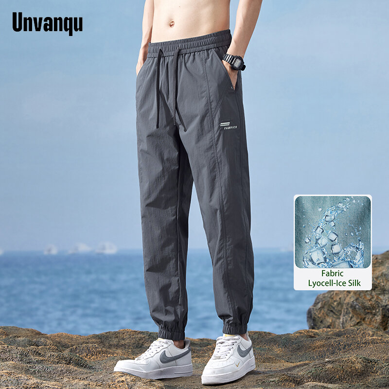 Unvanqu ulica Harajuku moda codzienne męskie spodnie lato nowy Lyocell lodowy jedwab wszechstronny spodnie do joggingu Fitness sportowy na świeżym powietrzu