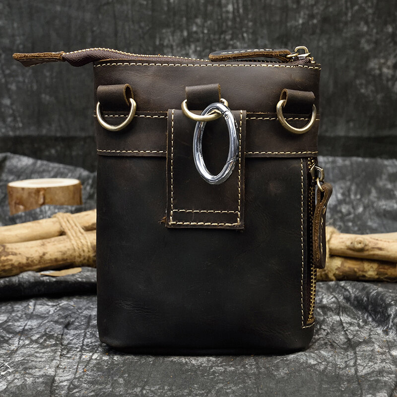 Tas pinggang kulit asli model Vintage untuk pria, tas sabuk tali bahu, tas selempang kulit kuda gila kecil, tas sabuk kantung ponsel