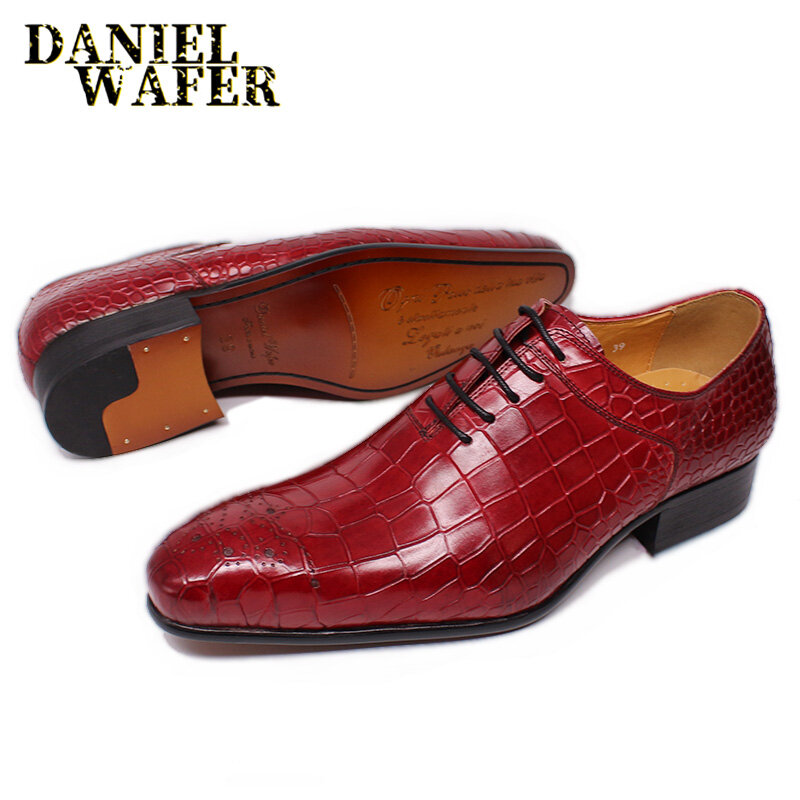 Chaussures de marque de luxe en cuir véritable pour hommes, imprimé crocodile, à lacets, pointu, Parker, bureau, mariage, robe formelle, Oxford, noir, rouge