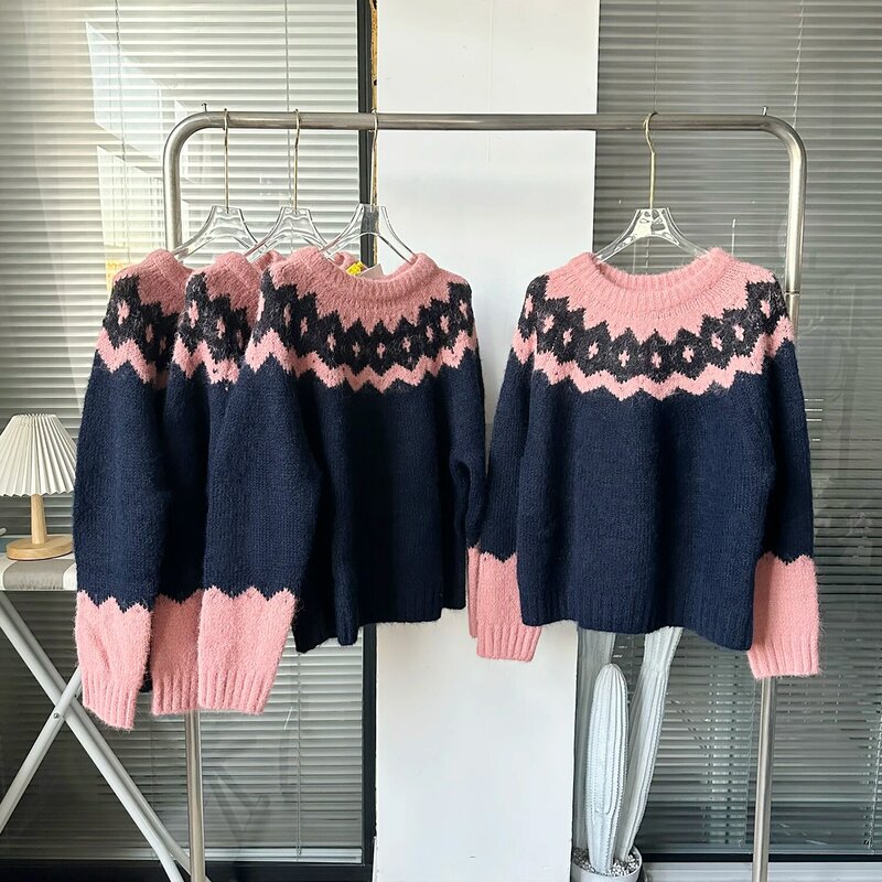 Женский свитер с длинным рукавом, винтажный свитер с геометрическим узором и круглым вырезом, шикарный пуловер свободного кроя, базовый джемпер, Осень-зима