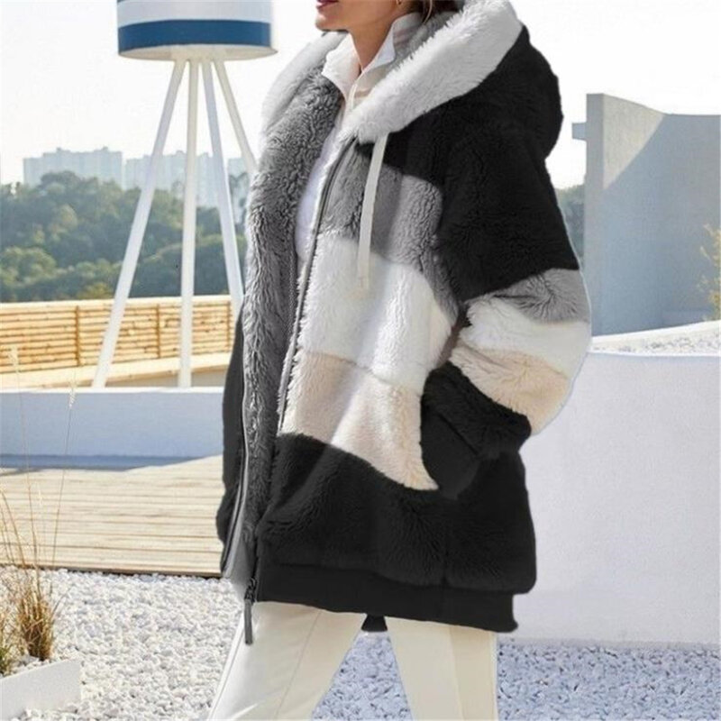 Женская куртка с капюшоном, зимнее флисовое теплое пальто на молнии, Повседневная Свободная парка в стиле пэчворк из искусственного меха, одежда с прострочкой в клетку, женская верхняя одежда